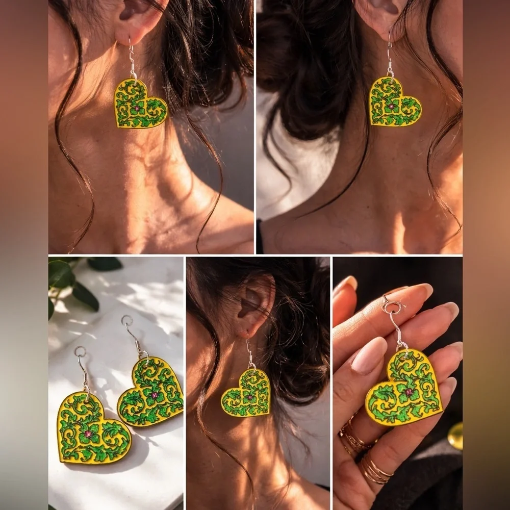 Yellow and Green Heart‎ Earrings